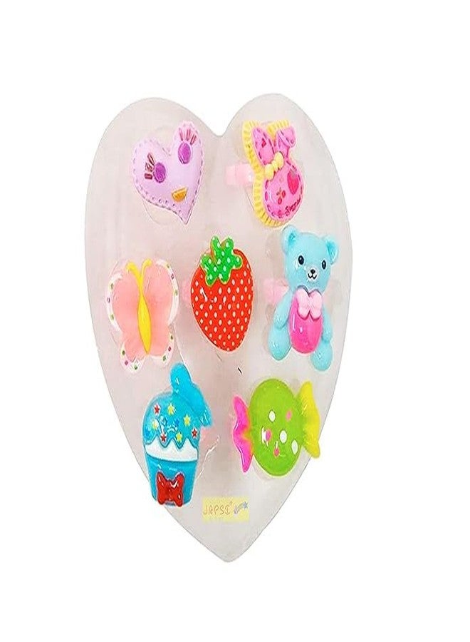 JAPSI Kids Plastic Finger Rings Set, 7 Pieces, Fruit and Candy Design, Heart Box Pack, Girls Pretend Play Jewellery - Image 4